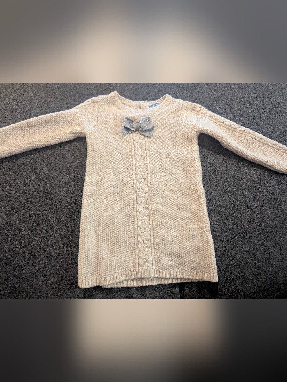 Jacadi Cream Cable-Knit Sweater Dress with Gray Bow